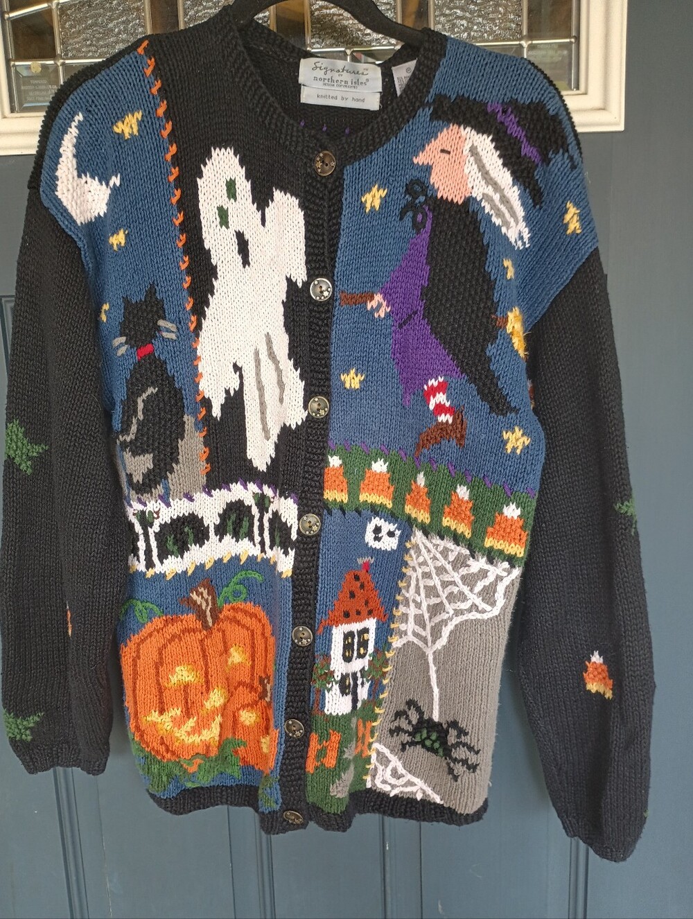Northern Isles Hand Knitted  Halloween Ghost Witch Haunted House Sz M Sweater